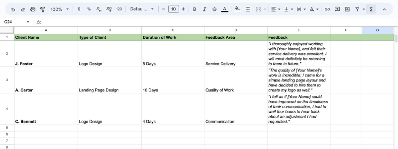 An example of a spreadsheet for client feedback 